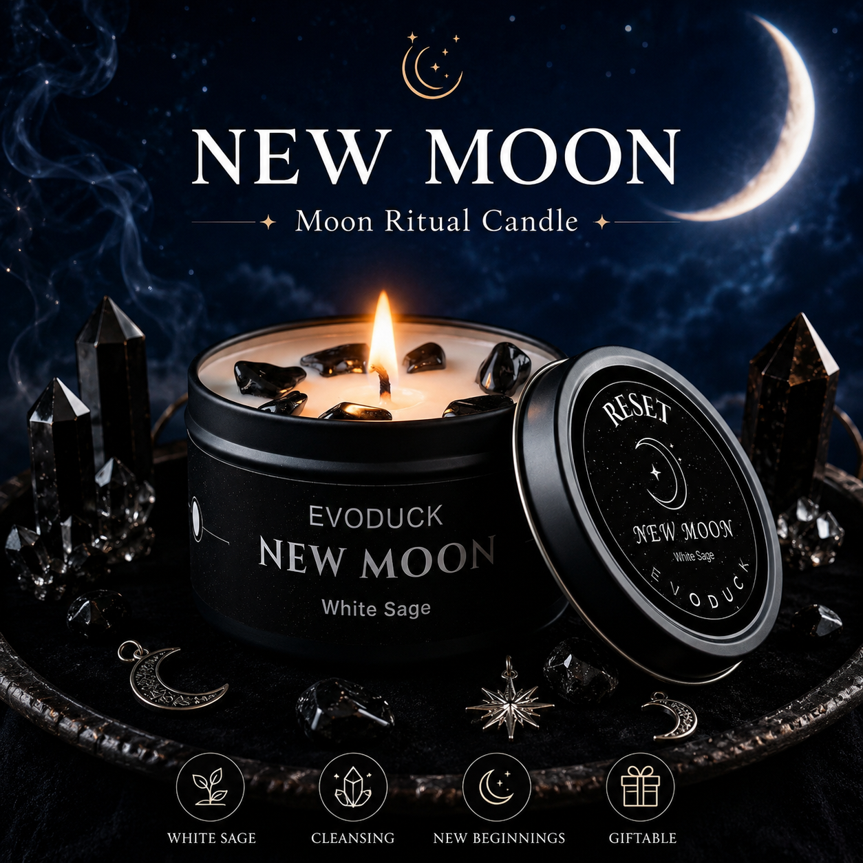 1pc New Moon Scented Candles C - Black Tin Candle ulasan dan harga